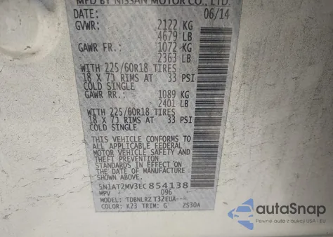 2014 Nissan Rogue Sl z USA, uszkodzony, nr VIN 5N1AT2MV3EC854138